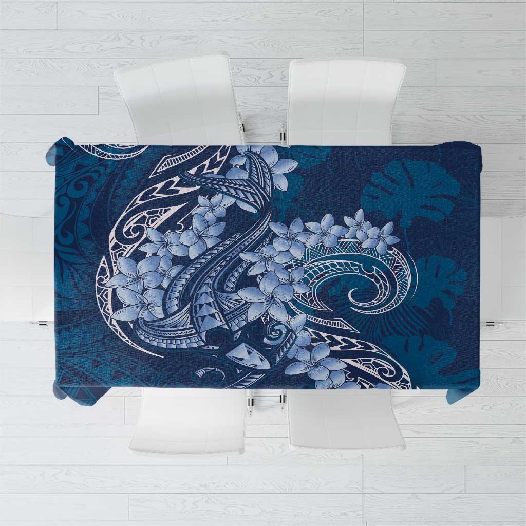 Navy Blue Polynesia Hammerhead Shark Tattoo With Plumeria Lei Tablecloth