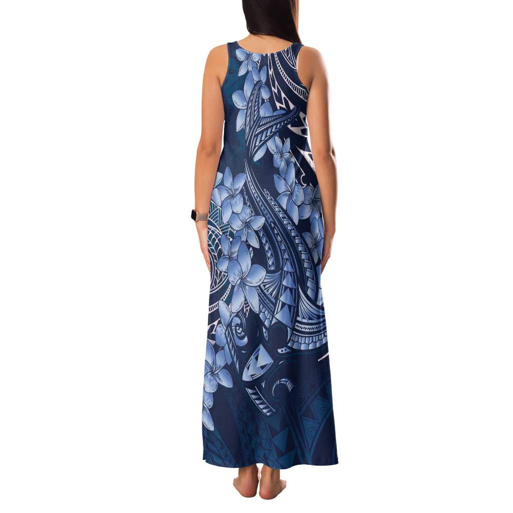 Navy Blue Polynesia Hammerhead Shark Tattoo With Plumeria Lei Tank Maxi Dress