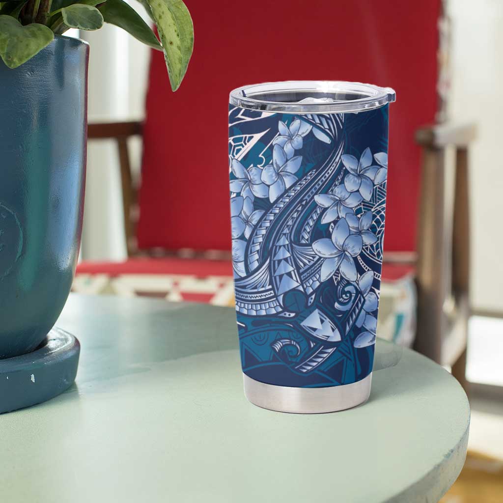 Navy Blue Polynesia Hammerhead Shark Tattoo With Plumeria Lei Tumbler Cup