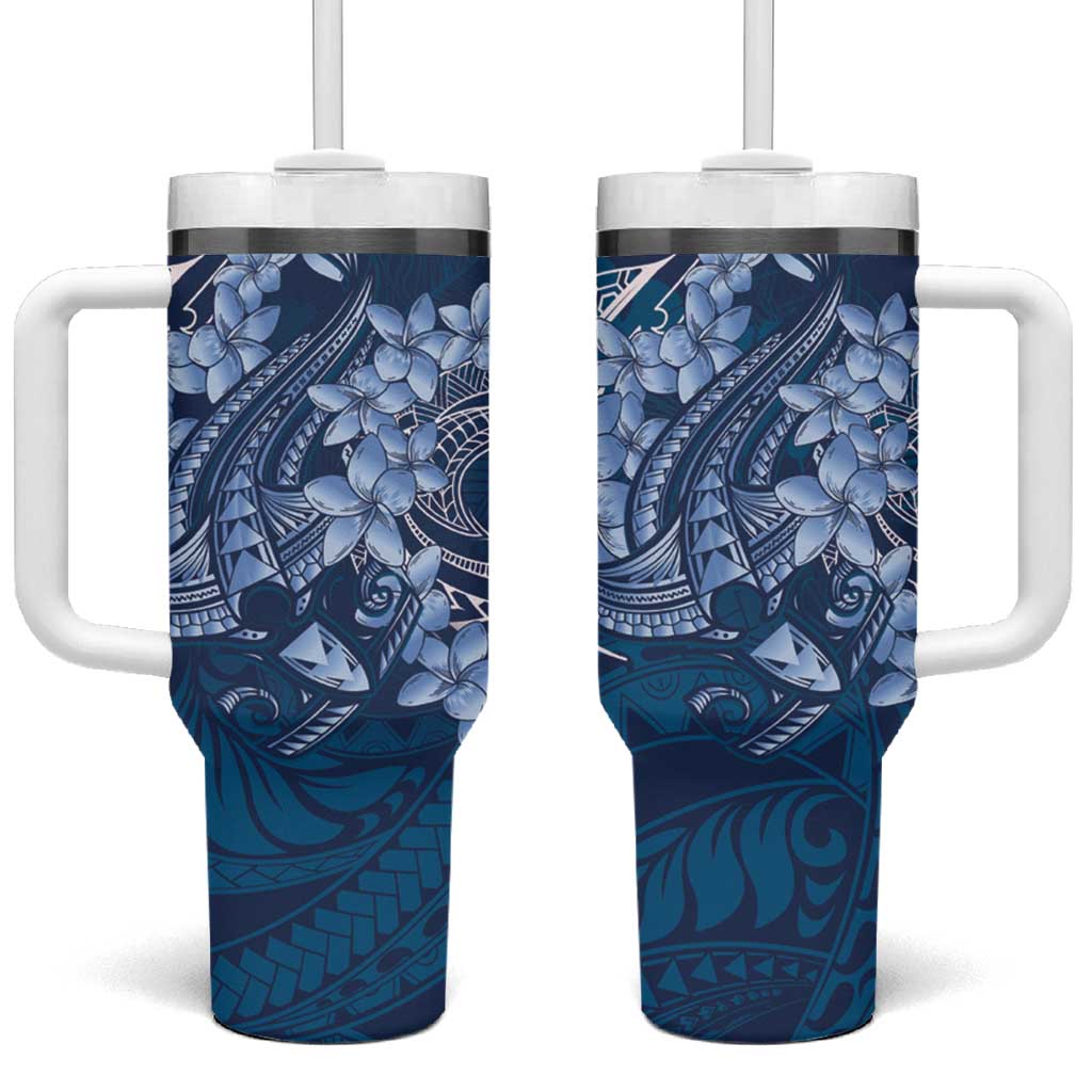 Navy Blue Polynesia Hammerhead Shark Tattoo With Plumeria Lei Tumbler With Handle