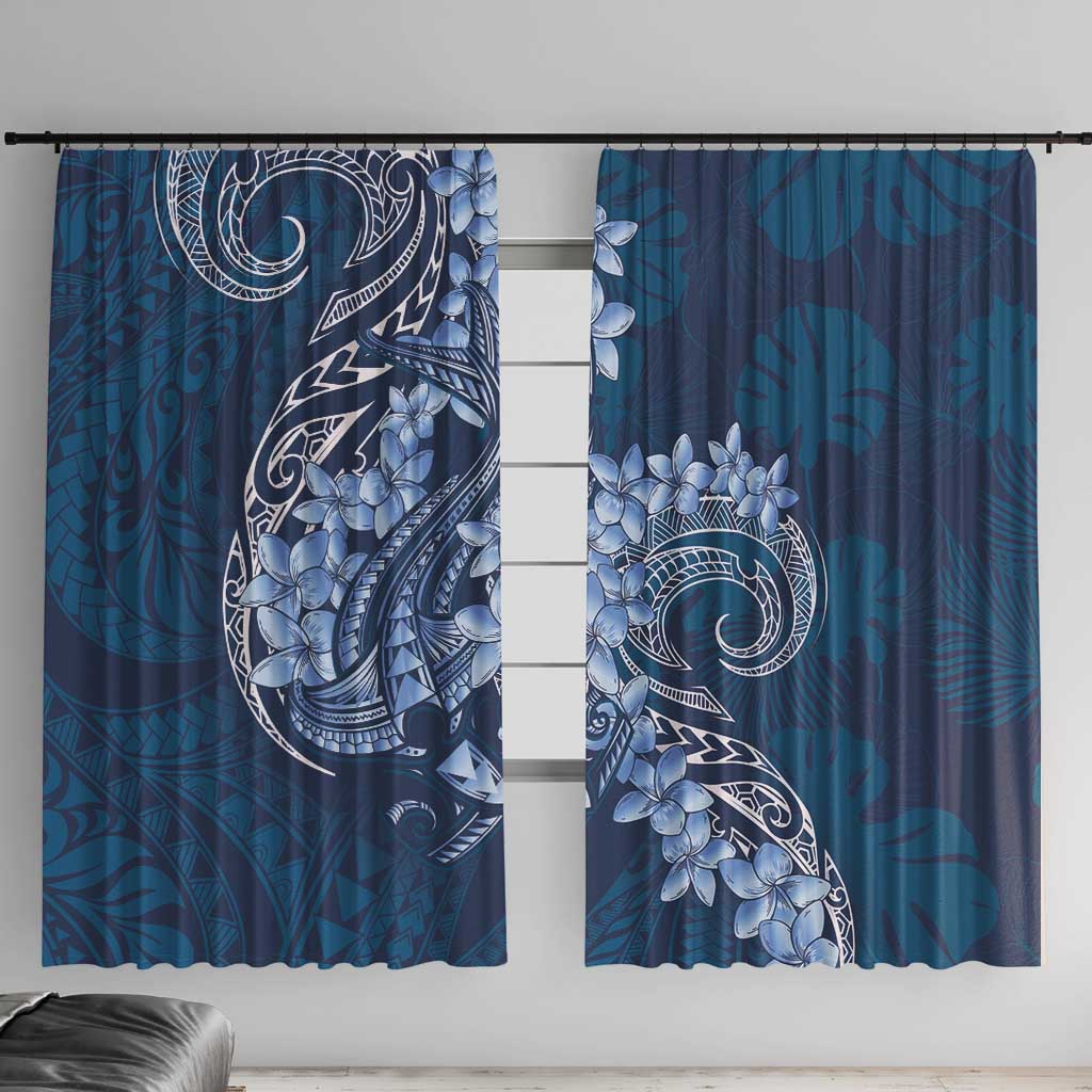 Navy Blue Polynesia Hammerhead Shark Tattoo With Plumeria Lei Window Curtain