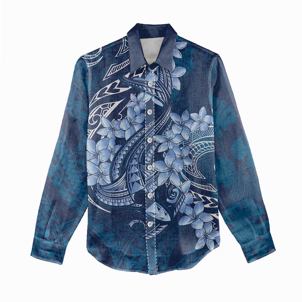 Navy Blue Polynesia Hammerhead Shark Tattoo With Plumeria Lei Women Casual Shirt