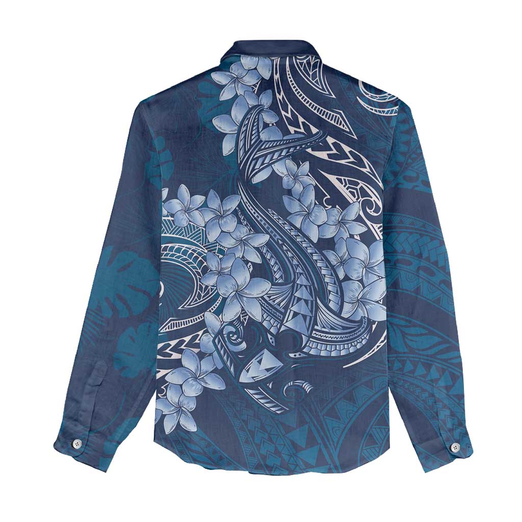 Navy Blue Polynesia Hammerhead Shark Tattoo With Plumeria Lei Women Casual Shirt