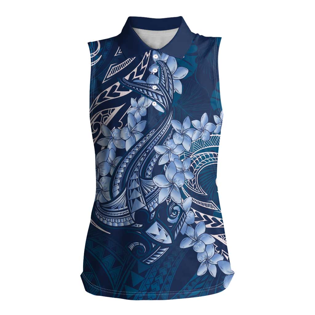 Navy Blue Polynesia Hammerhead Shark Tattoo With Plumeria Lei Women Sleeveless Polo Shirt LT14 Female Navy Blue - Polynesian Pride