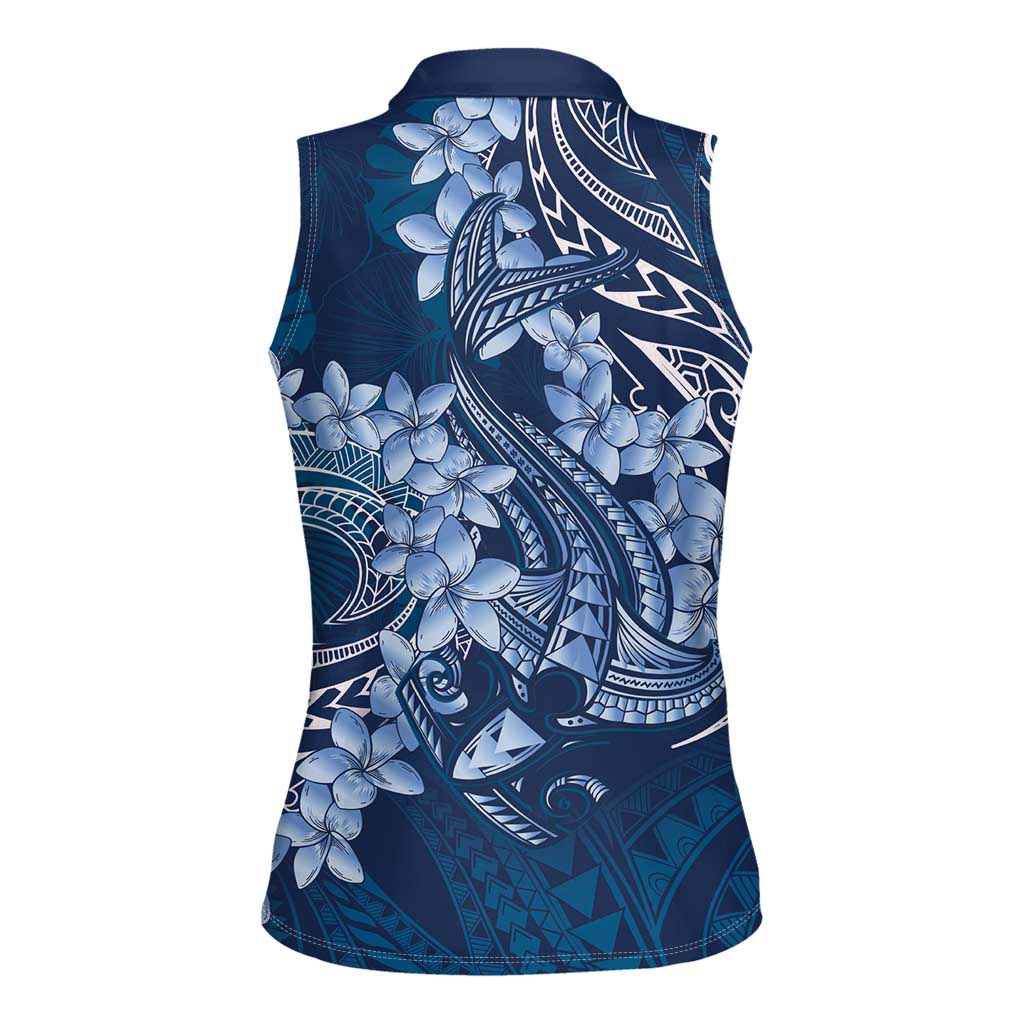 Navy Blue Polynesia Hammerhead Shark Tattoo With Plumeria Lei Women Sleeveless Polo Shirt LT14 - Polynesian Pride