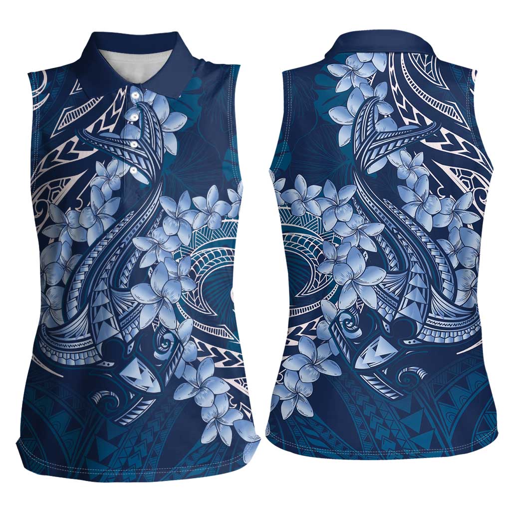 Navy Blue Polynesia Hammerhead Shark Tattoo With Plumeria Lei Women Sleeveless Polo Shirt LT14 - Polynesian Pride