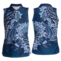 Navy Blue Polynesia Hammerhead Shark Tattoo With Plumeria Lei Women Sleeveless Polo Shirt LT14 - Polynesian Pride