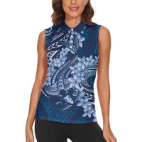 Navy Blue Polynesia Hammerhead Shark Tattoo With Plumeria Lei Women Sleeveless Polo Shirt LT14 - Polynesian Pride