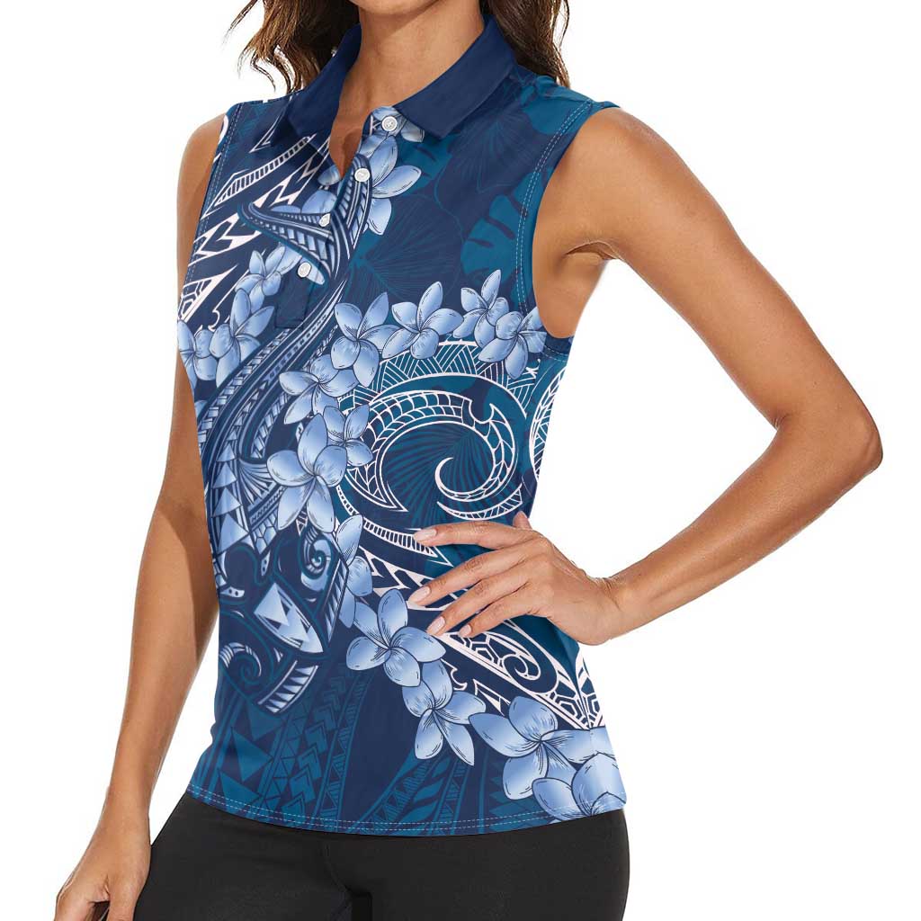 Navy Blue Polynesia Hammerhead Shark Tattoo With Plumeria Lei Women Sleeveless Polo Shirt LT14 - Polynesian Pride