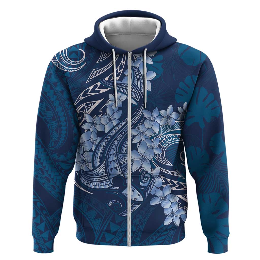 Navy Blue Polynesia Hammerhead Shark Tattoo With Plumeria Lei Zip Hoodie