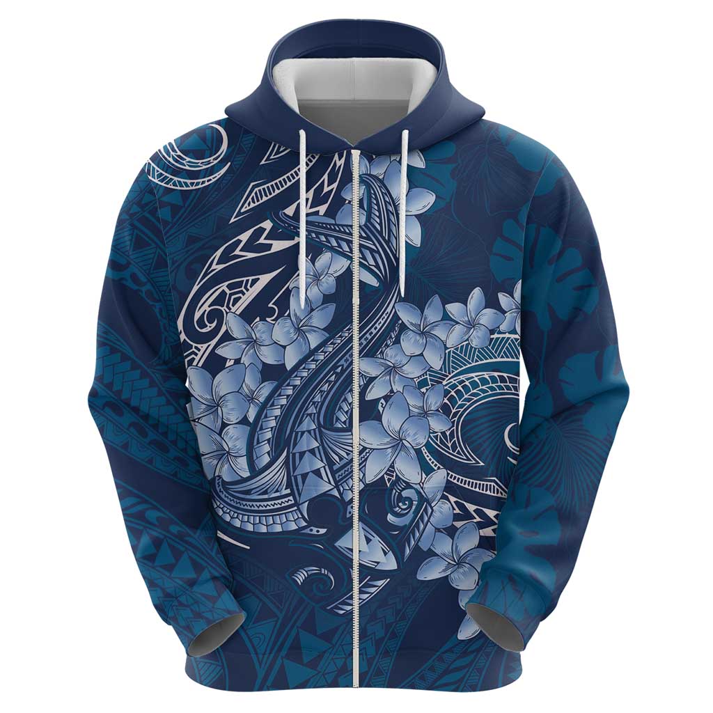 Navy Blue Polynesia Hammerhead Shark Tattoo With Plumeria Lei Zip Hoodie LT14 - Polynesian Pride
