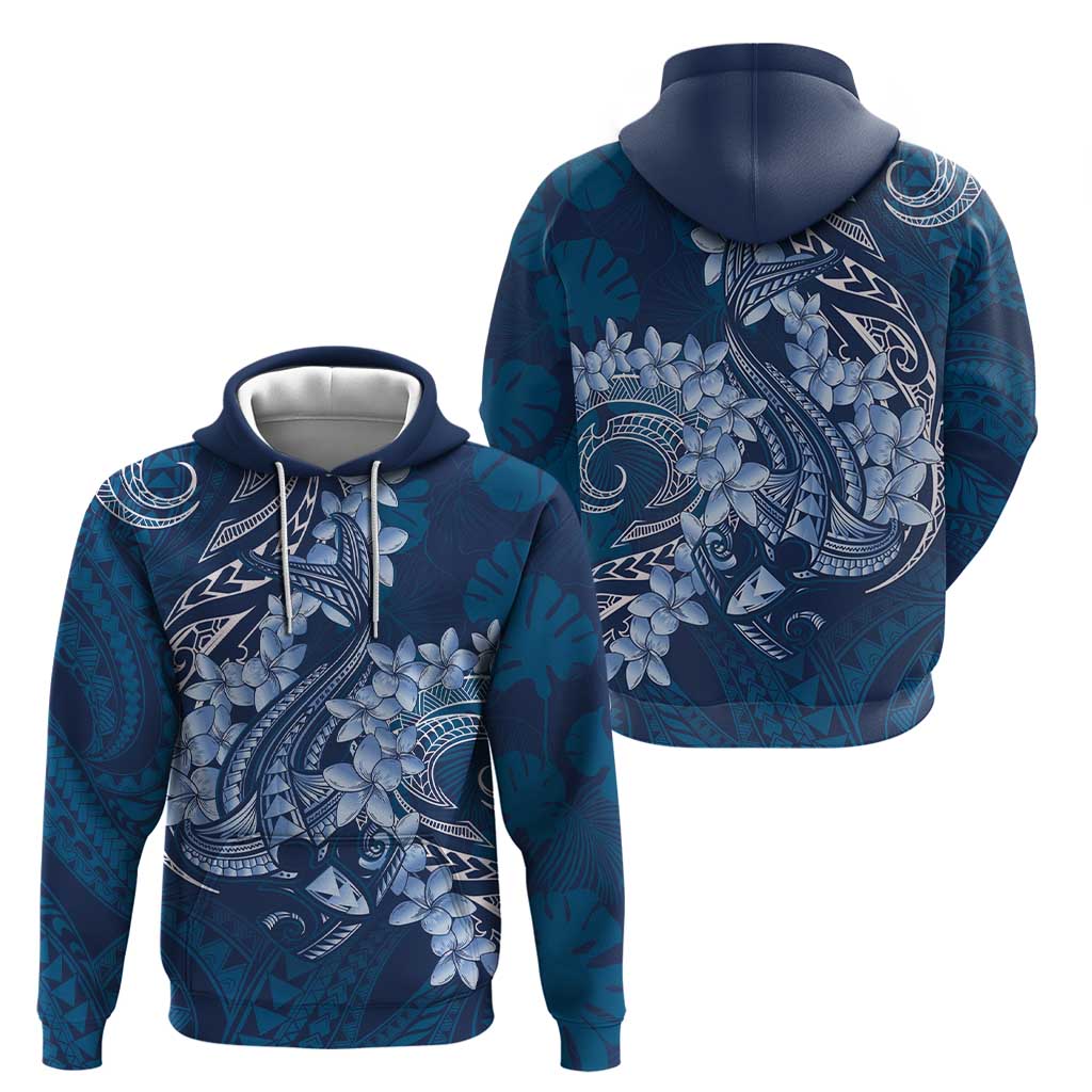 Navy Blue Polynesia Hammerhead Shark Tattoo With Plumeria Lei Zip Hoodie LT14 - Polynesian Pride