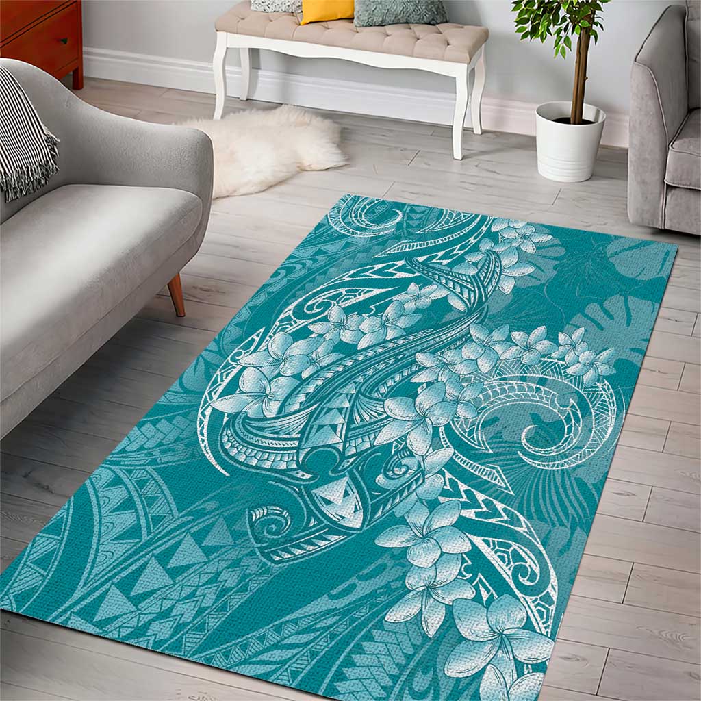 Teal Polynesia Hammerhead Shark Tattoo With Plumeria Lei Area Rug