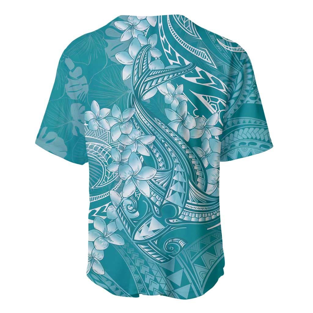 Teal Polynesia Hammerhead Shark Tattoo With Plumeria Lei Baseball Jersey LT14 - Polynesian Pride