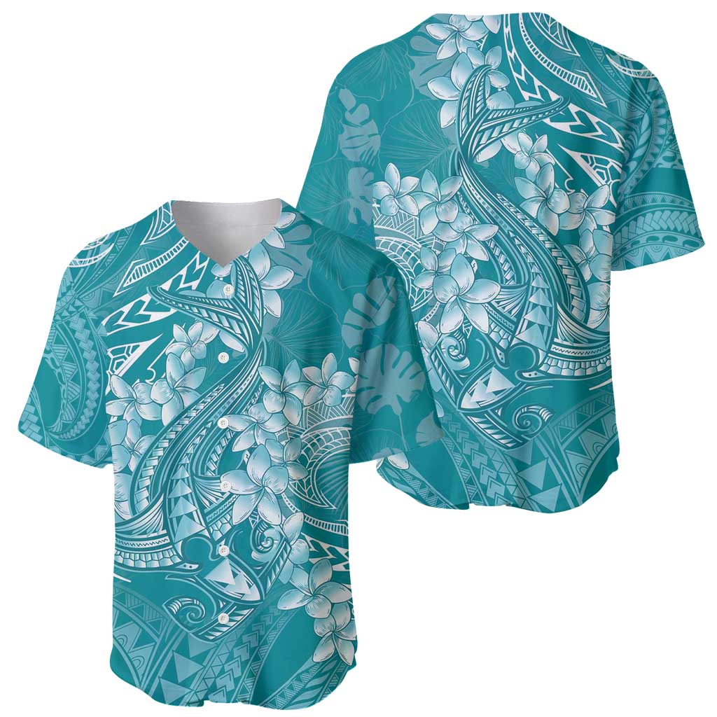Teal Polynesia Hammerhead Shark Tattoo With Plumeria Lei Baseball Jersey LT14 - Polynesian Pride