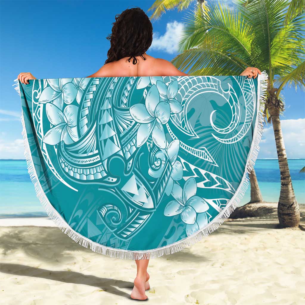Teal Polynesia Hammerhead Shark Tattoo With Plumeria Lei Beach Blanket
