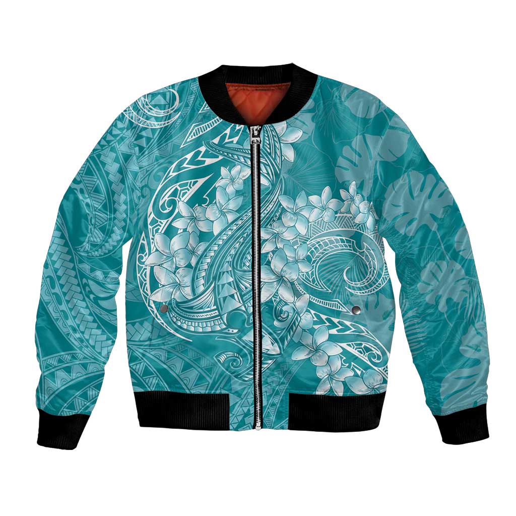 Teal Polynesia Hammerhead Shark Tattoo With Plumeria Lei Bomber Jacket