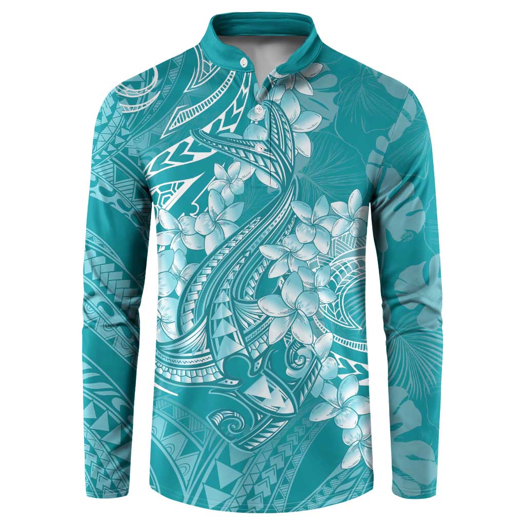 Teal Polynesia Hammerhead Shark Tattoo With Plumeria Lei Button Sweatshirt