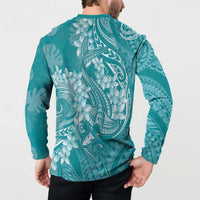 Teal Polynesia Hammerhead Shark Tattoo With Plumeria Lei Button Sweatshirt