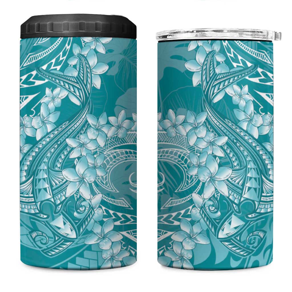 Teal Polynesia Hammerhead Shark Tattoo With Plumeria Lei 4 in 1 Can Cooler Tumbler