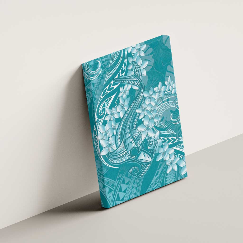 Teal Polynesia Hammerhead Shark Tattoo With Plumeria Lei Canvas Wall Art