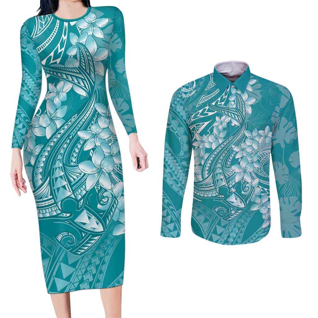 Teal Polynesia Hammerhead Shark Tattoo With Plumeria Lei Couples Matching Long Sleeve Bodycon Dress and Long Sleeve Button Shirt LT14 Teal - Polynesian Pride