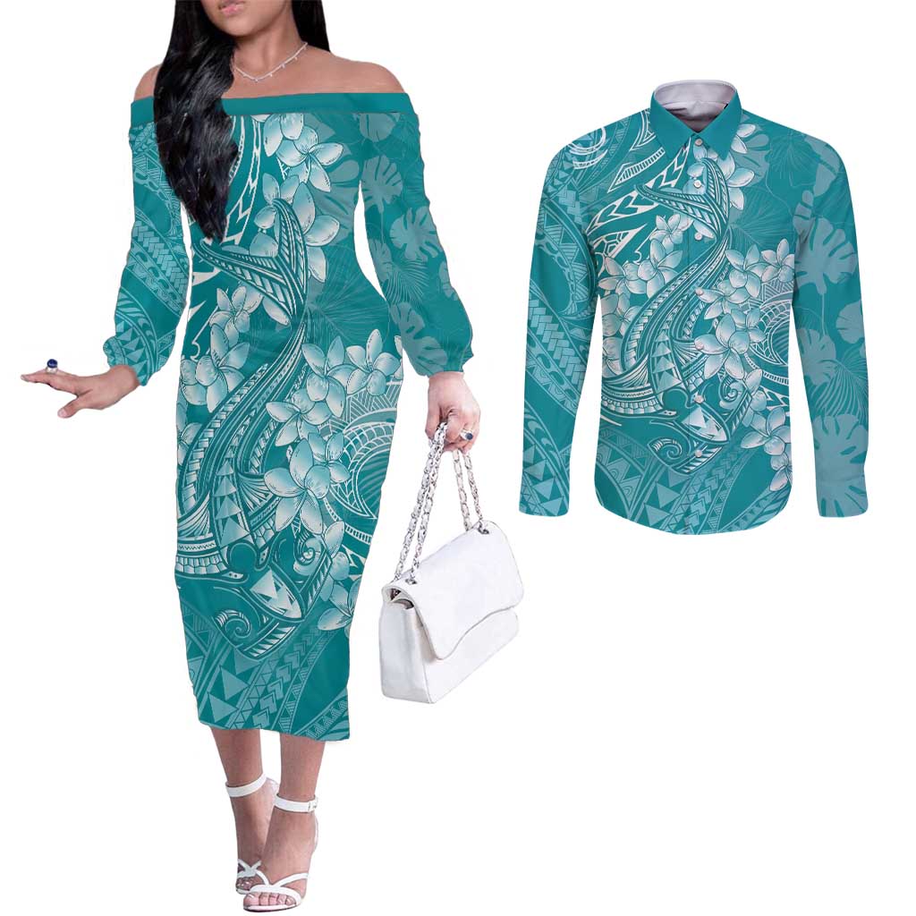 Teal Polynesia Hammerhead Shark Tattoo With Plumeria Lei Couples Matching Off The Shoulder Long Sleeve Dress and Long Sleeve Button Shirt