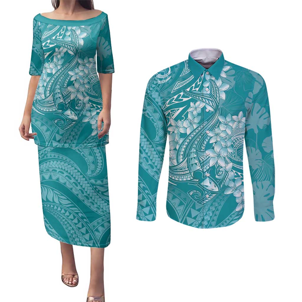 Teal Polynesia Hammerhead Shark Tattoo With Plumeria Lei Couples Matching Puletasi and Long Sleeve Button Shirt