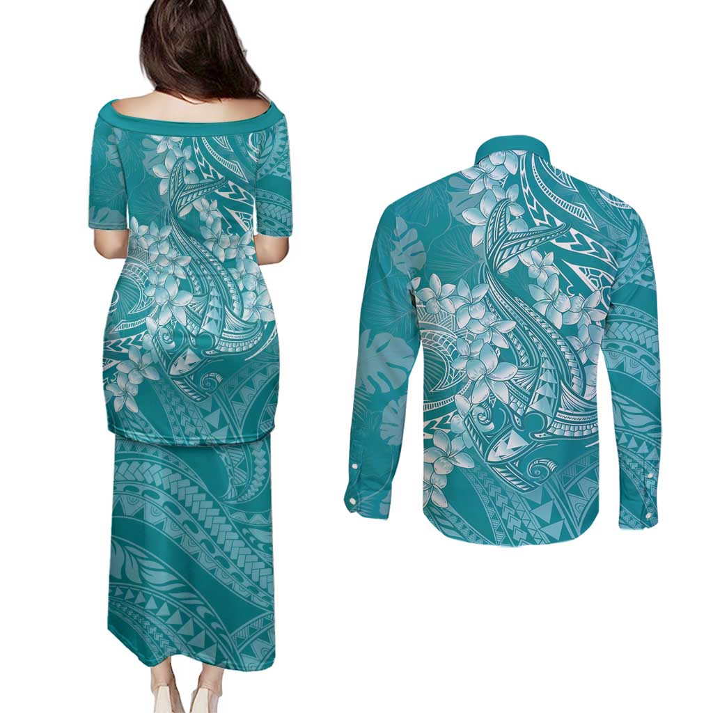 Teal Polynesia Hammerhead Shark Tattoo With Plumeria Lei Couples Matching Puletasi and Long Sleeve Button Shirt