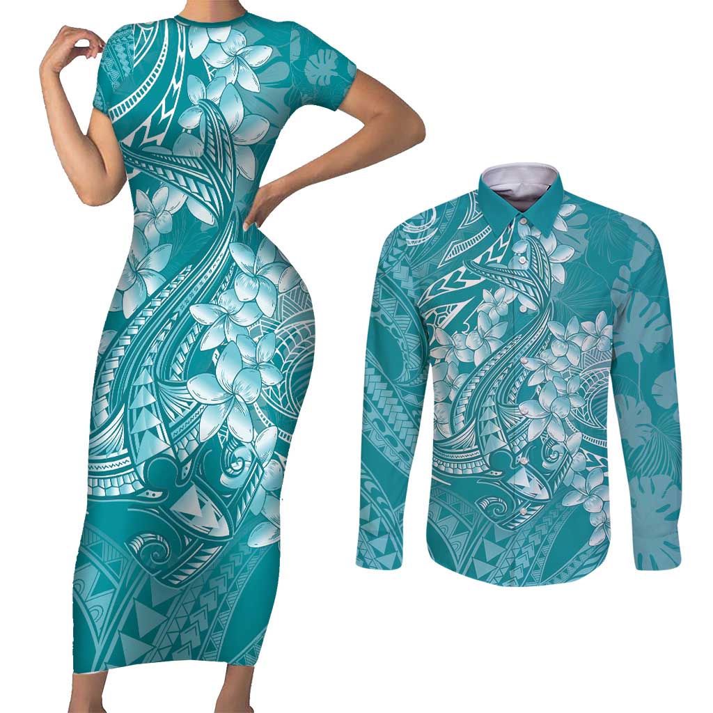 Teal Polynesia Hammerhead Shark Tattoo With Plumeria Lei Couples Matching Short Sleeve Bodycon Dress and Long Sleeve Button Shirt LT14 Teal - Polynesian Pride