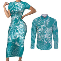 Teal Polynesia Hammerhead Shark Tattoo With Plumeria Lei Couples Matching Short Sleeve Bodycon Dress and Long Sleeve Button Shirt LT14 Teal - Polynesian Pride