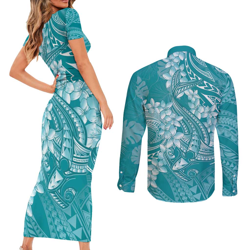 Teal Polynesia Hammerhead Shark Tattoo With Plumeria Lei Couples Matching Short Sleeve Bodycon Dress and Long Sleeve Button Shirt LT14 - Polynesian Pride