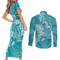 Teal Polynesia Hammerhead Shark Tattoo With Plumeria Lei Couples Matching Short Sleeve Bodycon Dress and Long Sleeve Button Shirt LT14 - Polynesian Pride