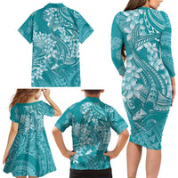 Teal Polynesia Hammerhead Shark Tattoo With Plumeria Lei Family Matching Long Sleeve Bodycon Dress and Hawaiian Shirt