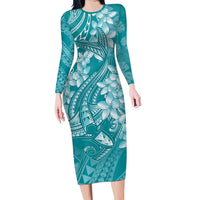 Teal Polynesia Hammerhead Shark Tattoo With Plumeria Lei Family Matching Long Sleeve Bodycon Dress and Hawaiian Shirt