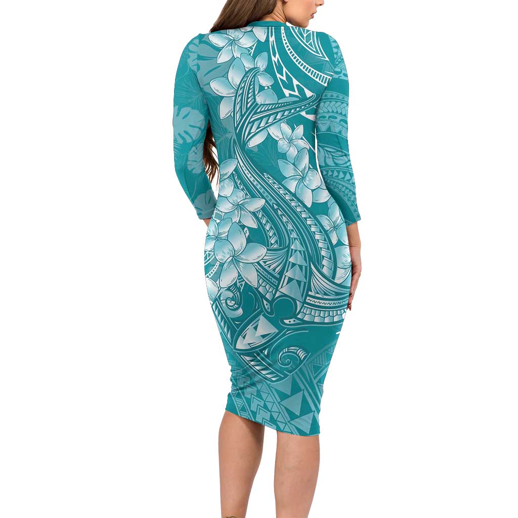 Teal Polynesia Hammerhead Shark Tattoo With Plumeria Lei Family Matching Long Sleeve Bodycon Dress and Hawaiian Shirt