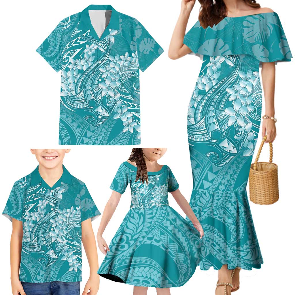 Teal Polynesia Hammerhead Shark Tattoo With Plumeria Lei Family Matching Mermaid Dress and Hawaiian Shirt