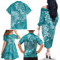 Teal Polynesia Hammerhead Shark Tattoo With Plumeria Lei Family Matching Off The Shoulder Long Sleeve Dress and Hawaiian Shirt
