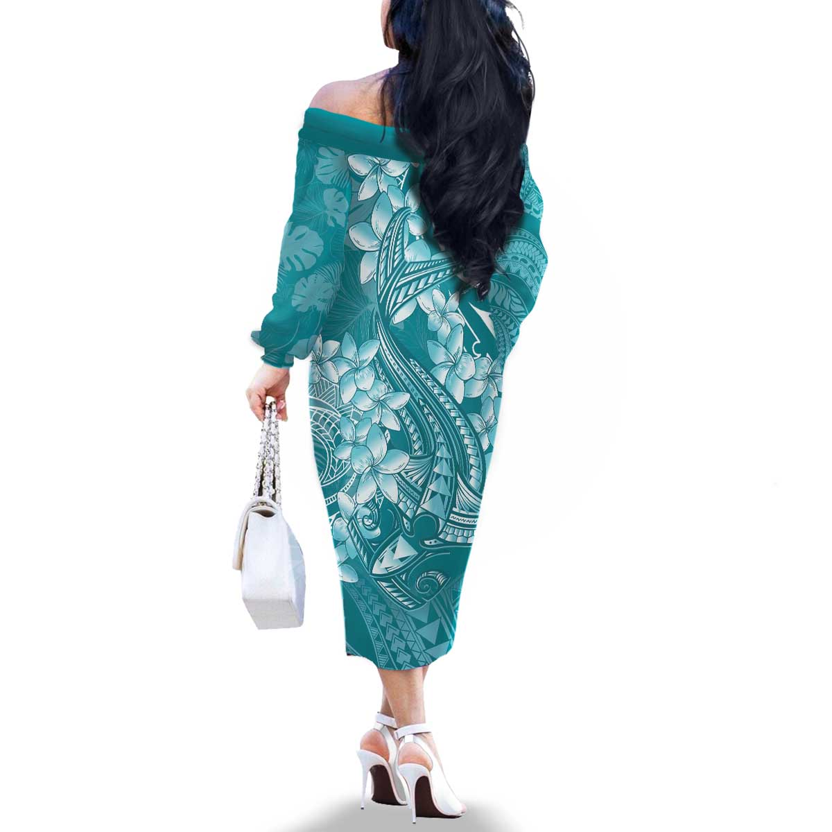 Teal Polynesia Hammerhead Shark Tattoo With Plumeria Lei Family Matching Off The Shoulder Long Sleeve Dress and Hawaiian Shirt
