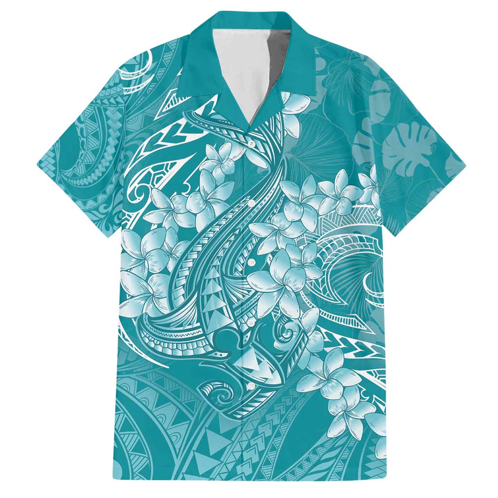 Teal Polynesia Hammerhead Shark Tattoo With Plumeria Lei Family Matching Off Shoulder Maxi Dress and Hawaiian Shirt