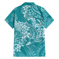 Teal Polynesia Hammerhead Shark Tattoo With Plumeria Lei Family Matching Off Shoulder Short Dress and Hawaiian Shirt