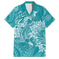 Teal Polynesia Hammerhead Shark Tattoo With Plumeria Lei Family Matching Puletasi and Hawaiian Shirt
