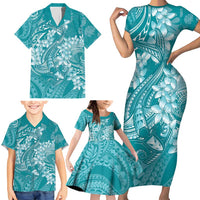 Teal Polynesia Hammerhead Shark Tattoo With Plumeria Lei Family Matching Short Sleeve Bodycon Dress and Hawaiian Shirt