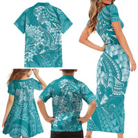 Teal Polynesia Hammerhead Shark Tattoo With Plumeria Lei Family Matching Short Sleeve Bodycon Dress and Hawaiian Shirt