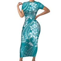 Teal Polynesia Hammerhead Shark Tattoo With Plumeria Lei Family Matching Short Sleeve Bodycon Dress and Hawaiian Shirt
