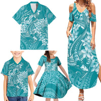 Teal Polynesia Hammerhead Shark Tattoo With Plumeria Lei Family Matching Summer Maxi Dress and Hawaiian Shirt