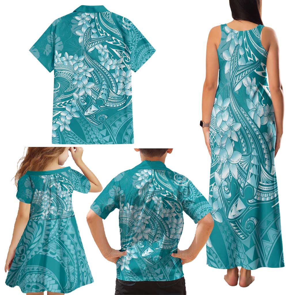 Teal Polynesia Hammerhead Shark Tattoo With Plumeria Lei Family Matching Tank Maxi Dress and Hawaiian Shirt