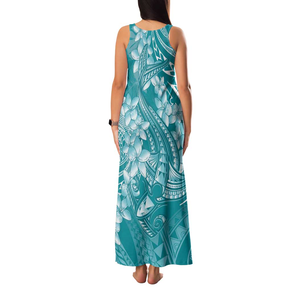 Teal Polynesia Hammerhead Shark Tattoo With Plumeria Lei Family Matching Tank Maxi Dress and Hawaiian Shirt