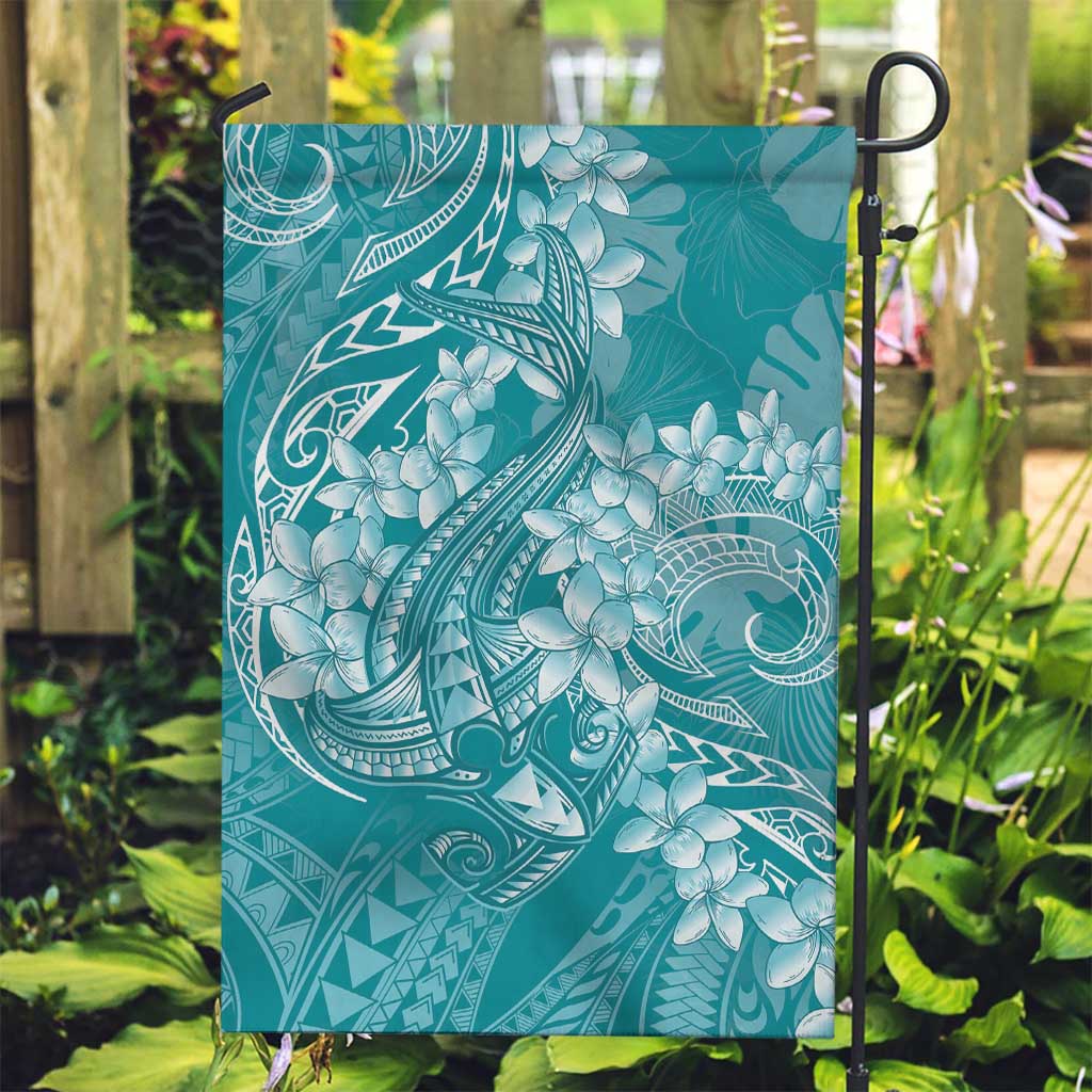 Teal Polynesia Hammerhead Shark Tattoo With Plumeria Lei Garden Flag LT14 Garden Flag Teal - Polynesian Pride