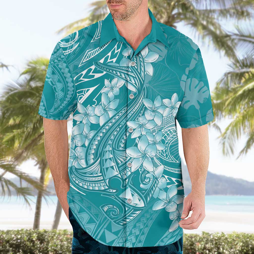 Teal Polynesia Hammerhead Shark Tattoo With Plumeria Lei Hawaiian Shirt